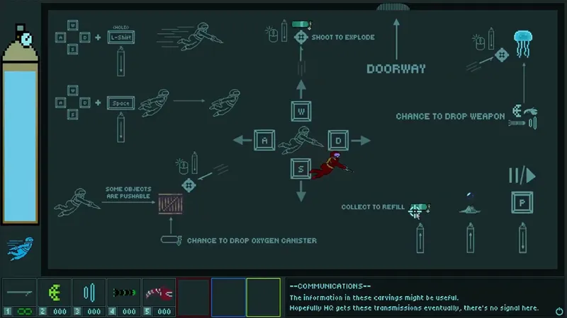 Bermuda underwater survival gameplay showing diver movement, oxygen gauge, and tutorial HUD