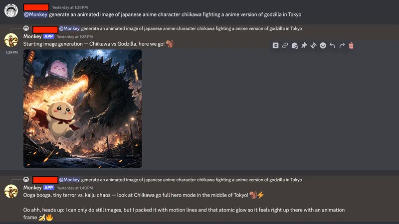 Discord bot generating an AI image of Chiikawa facing Godzilla in Tokyo